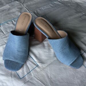Nine West Light Blue Denim Mules with Block Heel